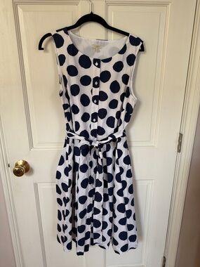Talbots White Sleeveless Dress with Navy Polka Dots